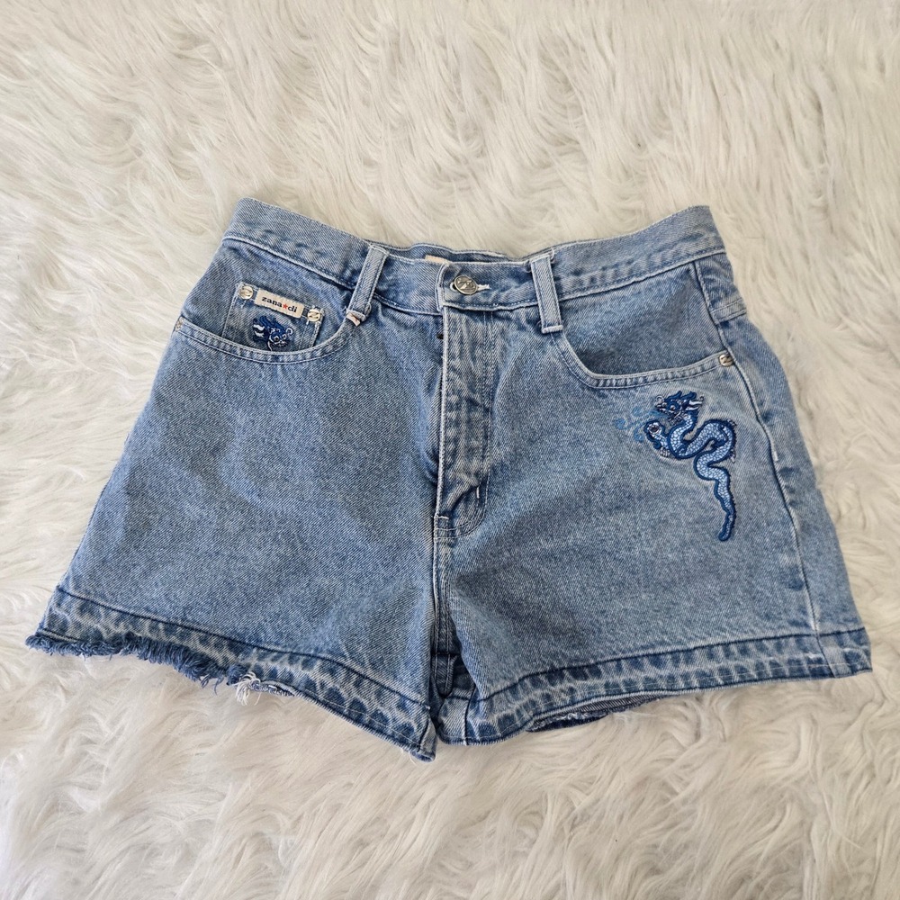 Zana-Di Vintage High Waisted Denim Shorts Light Wash Blue Dragon Embroidery Y2K